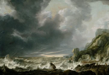 Schiff in Seenot vor einer felsigen Küste