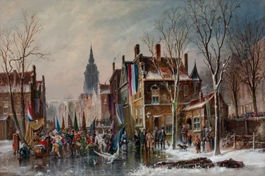 Karnevalsumzug auf einem zugefrorenen Kanal, ca. 1840-60