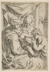 Heilige Familie mit Johannes dem Täufer, der die Hand des Jesuskindes küsst