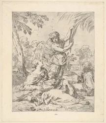 Ruhe in Ägypten, Maria stillt das Christkind, während ein Engel an einem Baum zieht, ca. 1630-1648