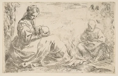 Ruhe auf der Flucht nach Ägypten, Maria hält und schaut auf das Jesuskind, während St...., ca. 1637