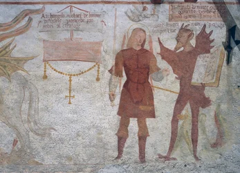 Der Erzengel Michael und der Teufel mit dem Buch der sieben Todsünden (Detail)