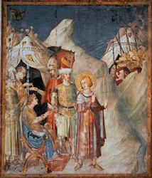Episoden aus dem Leben des heiligen Martin: „Der heilige Martin von Tours entsagt den Waffen“. Fresko von Simone Martini (1285-1344). 1312-1317 - Maße 265 x 230 cm. Unterkirche der Basilika des heiligen Franziskus von Assisi; Martinskapelle, Assisi