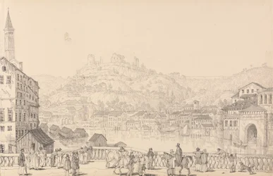 Album mit 30 Ansichten in Tirol und Italien: Stadt Verona und Schloss San Pietro von einer anderen Brücke, 1. Nov. 1840