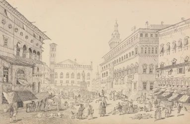 Album mit 30 Ansichten in Tirol und Italien: Platz in Bologna, Kathedrale und Palast des päpstlichen Legaten 12. Nov. 1840