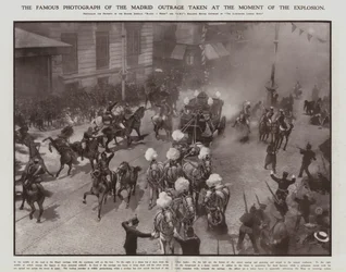 Attentat auf König Alfonso XIII. und Königin Victoria Eugenie von Spanien an ihrem Hochzeitstag, Madrid, 31. Mai 1906