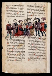 Ein Mann überreicht dem König ein Buch, Miniatur in "Libro de los Castigos o Documentos para Bien Vivir"