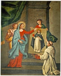 Ein Heiliger präsentiert ein Porträt von St. Dominikus der Jungfrau Maria