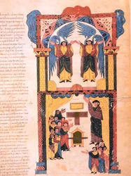 Engel und David mit der Bundeslade vor dem Tempel Salomos, fol.139r., aus der Westgotisch-Mozarabischen Bibel von St. Isidores, 960 n. Chr. (Tempera auf Pergament)