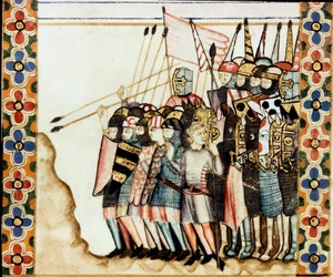 Armee der Kreuzfahrer Detail einer Seite aus einem Manuskript des Liedes von der Heiligen Maria (Cantigas de Santa Maria), dekoriert mit Miniaturen, die der Heiligen Maria und ihren Wundern gewidmet sind, eine Sammlung von Liedern, die unter der Herrschaft