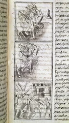 Codex der Eroberung Mexikos: Die Spanier bereit zum Angriff auf die Stadt Tenochtitlan. Miniatur des Florentiner Manuskripts 