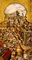 Darstellung der Gräueltaten während der Kämpfe um die Eroberung des Tempelmayors und des Zocalo-Platzes