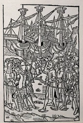 Kupferstich in Geschichte von Vespasian, gedruckt 1495 in Zaragoza (s/w Illustration)