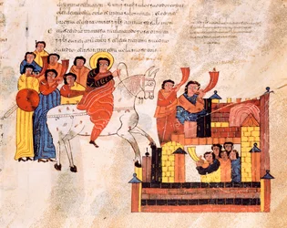 Einzug von König David in Jerusalem zum Klang der Trompeten, aus der Westgotisch-Mozarabischen Bibel von St. Isidores, fol.135r., 960 n. Chr.
