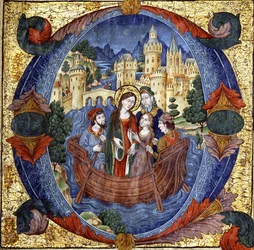 Heilige Frau in einem Boot mit einem höfischen Paar und zwei Bootsmännern, innerhalb eines großen historisierten Initials "O", frühes 20. Jahrhundert