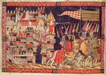 Fol.86v Die Trojaner ziehen in die Schlacht, aus dem Codex Benito Santa Mora