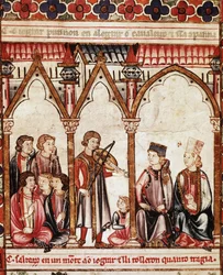 Gruppe von Troubadouren, Illustration aus „Cantigas de Santa Maria“, erstellt unter der Leitung von Alfons X. („Der Weise“) König von Kastilien und León (1221-84) - Der Hof des Königs und die Musiker. Miniatur aus einem Manuskript des Liedes von Santa Mari