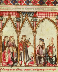 Gruppe von Troubadouren, Illustration aus Cantigas de Santa Maria, erstellt unter der Leitung von Alfons X. (der Weise), König von Kastilien und León (1221-84)