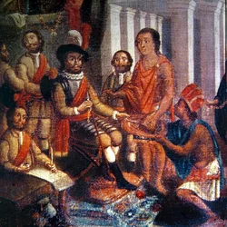 Hernando Cortes (1485-1547) empfängt die Huldigung der Azteken