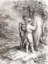 Jules Crevaux, während seiner Erkundung von Französisch-Guayana im Jahr 1878, schnitzt seine Initialen in einen Baum am Ufer des Oyapock- oder Oiapoque-Flusses