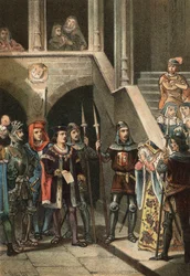 Leonor de Guzman, Favoritin von König Alfons XI., wird von Don Alfonso Fernandez de Olmedo auf Befehl von Königin Maria von Portugal im 14. Jahrhundert verhaftet und hingerichtet. In „El Culto de la Hermosura“ von Juan Justo Huguet, Molinas Hermanos editor