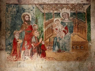 Wandmalerei Ursprung der Einsiedelei von Ipas (Huerca). 15. Jahrhundert