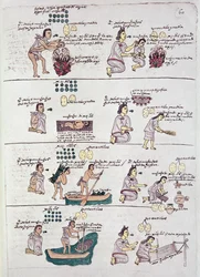 Seite aus dem Codex Mendoza, zeigt Disziplin und Aufgaben, die Kindern zugewiesen wurden, Mexiko, ca. 1541-42