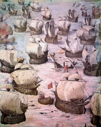 Regatta spanischer Galeonen während einer Expedition zu den Azoren im Jahr 1582 unter Philipp II., König von Spanien. Fresko des 16. Jahrhunderts. Schlachtensaal, Palast des Escorial, Madrid