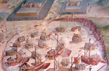 Regatta spanischer Galeonen während einer Expedition zu den Azoren im Jahr 1582 unter Philipp II., König von Spanien. Fresko des 16. Jahrhunderts. Schlachtensaal, Palast des Escorial, Madrid
