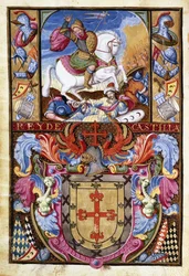 Der heilige Jakobus reitet auf einem weißen Pferd über die Leichen von Mauren und das Wappen der Familie Gómez, 1606