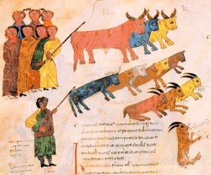 Das hebräische Volk verlässt Ägypten mit seinem Vieh, aus der Westgotisch-Mozarabischen Bibel von St. Isidores, fol.38v., 960 n. Chr. (Tempera auf Pergament)
