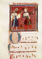 Zwei Musiker, einer ein Mohr und der andere ein spanischer Christ. Detail einer Seite aus einer Handschrift der Lieder der Heiligen Maria