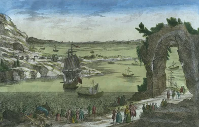 Ansicht der französischen Landung zur Gründung der neuen Kolonie im Hafen von Neu-Kajenna, Französisch-Guayana, 1762