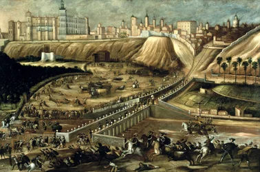 Ansicht des Königspalastes und der Brücke von Segovia, Madrid