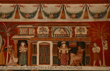 Wandgemälde eines singhalesischen Hauses im Subdharama-Tempel, Dehiwala