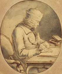 Voltaire sitzt an einem Schreibtisch und trägt eine Mütze, im Profil nach links, ca. 1765