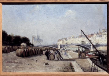 Die Seine an der Sully-Brücke, der Weinport, das Quai Saint Bernard. Gemälde von Stanislas Lepine (1835-1892). 1882-1885. Dim. 0,15 x 0,23. Private Sammlung