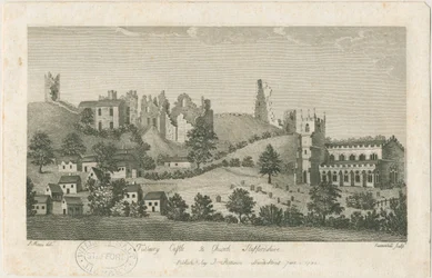 Tutbury Castle und Kirche - Südostansicht: Gravur, nd [1762-1792]