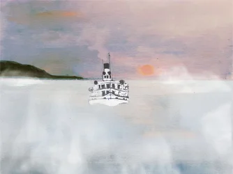 Weißes Boot auf nebligem Wasser