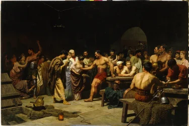 Die Gladiatoren vor ihrem Auftritt in der Arena. Römische Patrizier besuchen und bewerten die Gladiatoren vor dem Kampf, Frauen schmeicheln und beglückwünschen die Kämpfer