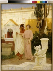 Frage und Antwort (Dialog zwischen einem Paar im Garten eines antiken römischen Palastes)