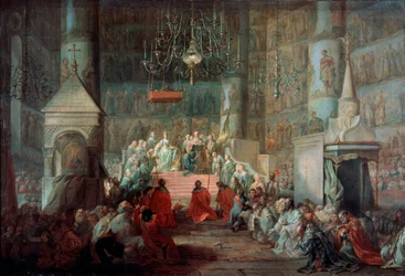 Die Krönung der Kaiserin Katharina II. von Russland am 12. September 1762, 1777.