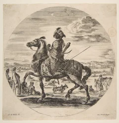 Ein maurischer Reiter nach links gewandt, stehende und sitzende Türken im Mittelgrund, ein..., ca. 1651.