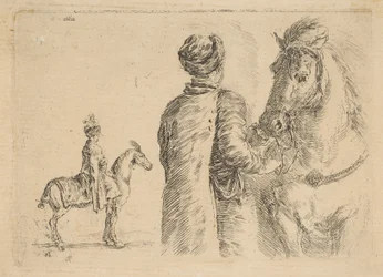 Ein polnischer Stallknecht, von hinten, hält ein Pferd am Zügel, ca. 1662