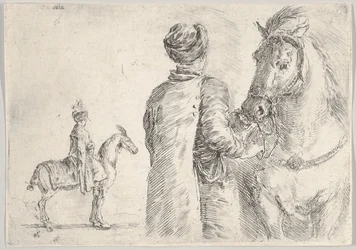Ein polnischer Diener, von hinten gesehen, hält das Zaumzeug eines Pferdes, ca. 1662