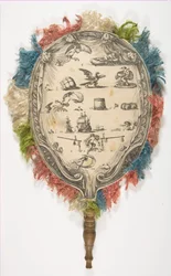 Ein Fächer mit einem Rebus über Liebe auf der einen Seite und Glück auf der anderen, ca. 1639