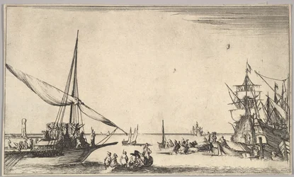 Eine Galeere kommt links im Hafen an, mehrere Ruderboote in der Mitte, Schiffe im Hafen rechts, 1639