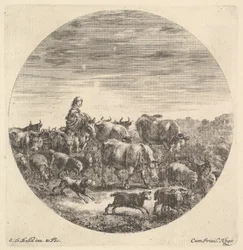 Eine Bäuerin sitzt auf einem Pferd nach links, schaut nach rechts, umgeben von einer Herde, ca. 1643-48