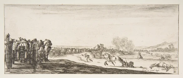 Eine Prozession von pferdegezogenen Kanonenwagen nach links, Reiter im Kampf und ein toter Soldat, ca. 1641