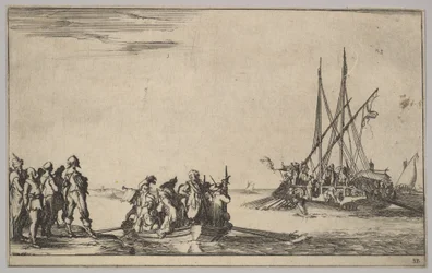 Ein Ruderboot voller Männer in der Mitte, eine Gruppe von Männern steht am Ufer links, ein Schiff voller ..., 1639